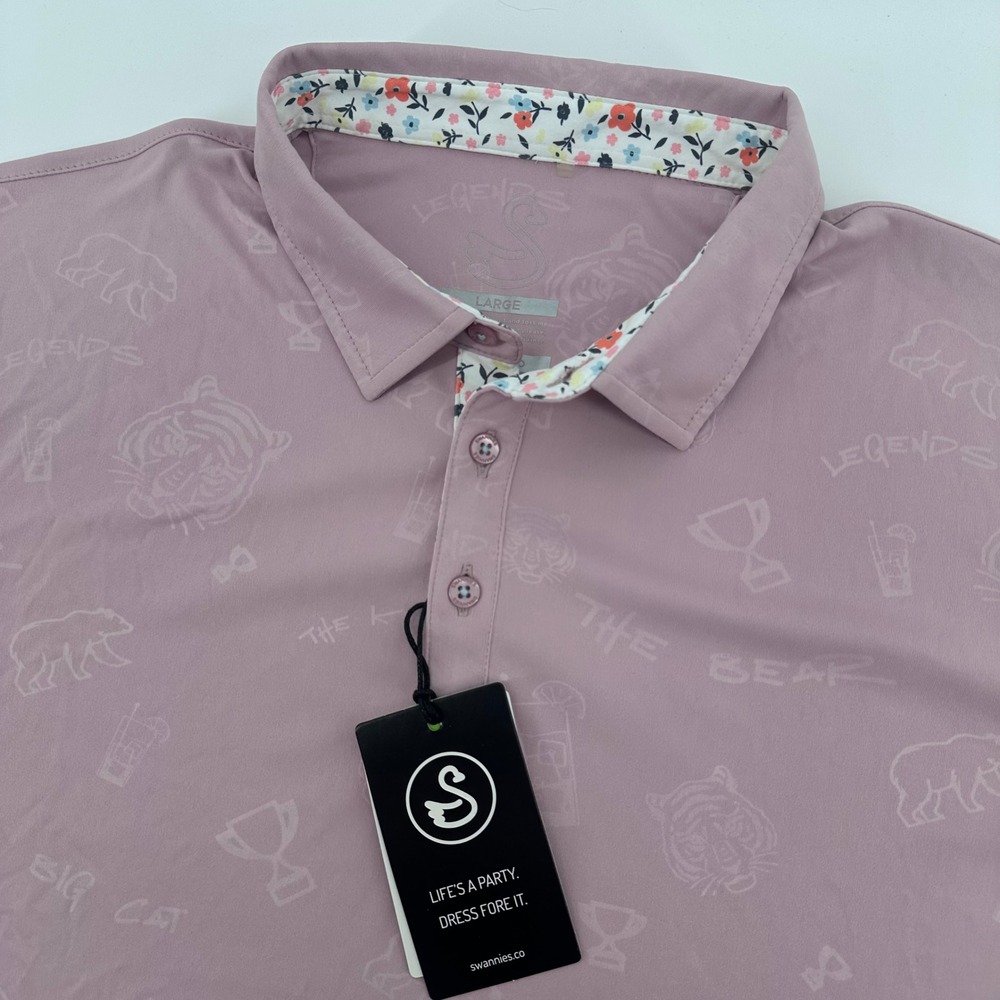 Swannies Crosby Polo Mens Large Dawn Purple Legends Big Cat Bear Golf Shirt NEW